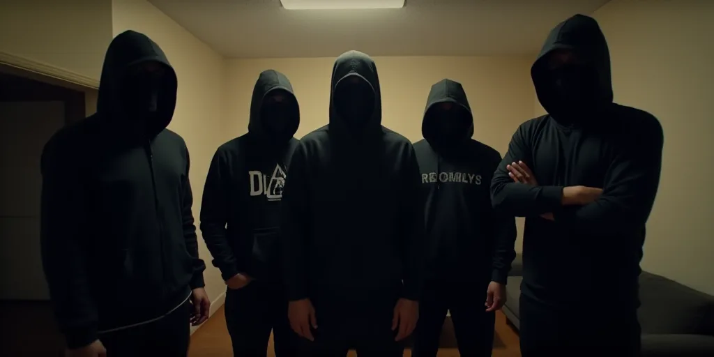a group of men in black hoods and masks standing in a room with a couch and a door, Estuardo Maldona