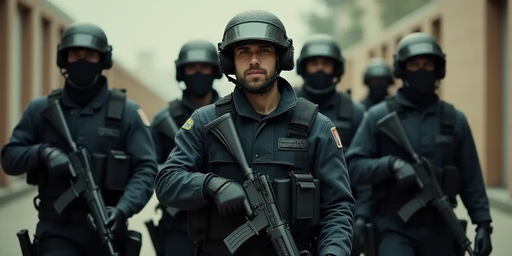 a group of men in riot gear standing next to each other with a gun in their hand and a man in a helm