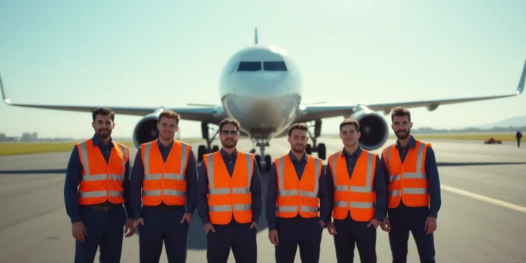 a group of men in safety vests standing next to a plane on a runway with a plane in the background,
