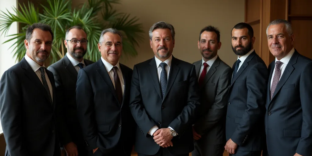 a group of men in suits and ties standing next to each other in a room with a plant in the backgroun