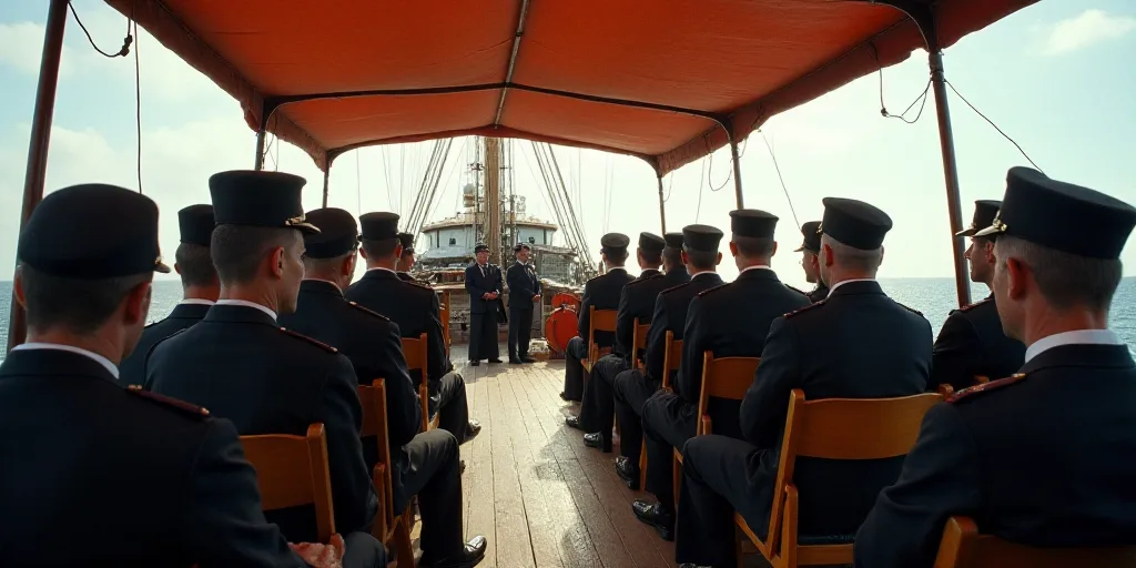 a group of men in uniform sitting in chairs under a tent on a ship with other men in uniform, Eduard