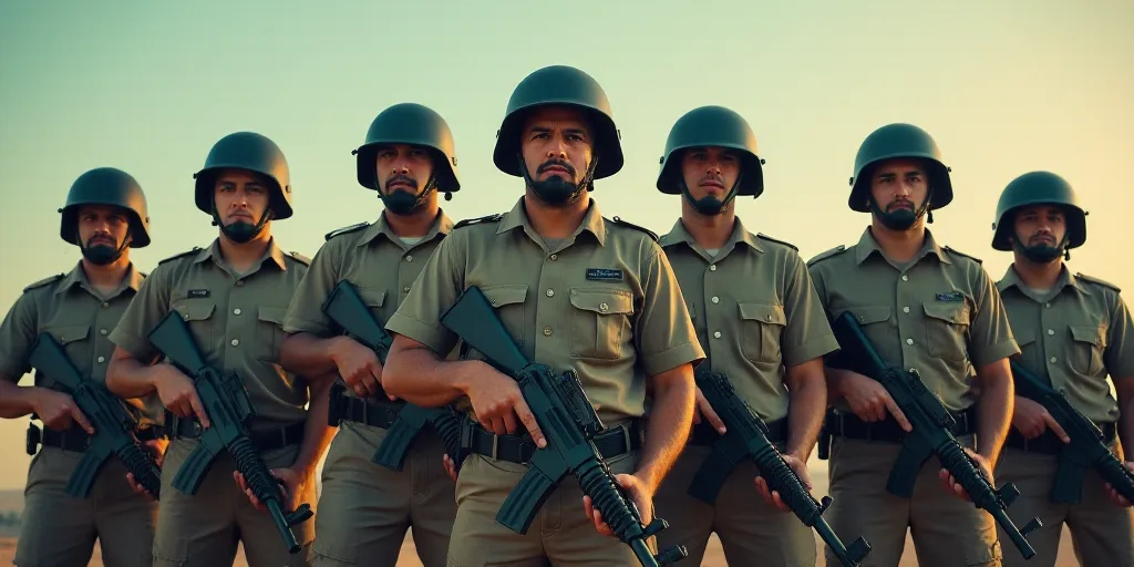 a group of men in uniform standing next to each other with helmets on and holding guns in their hand