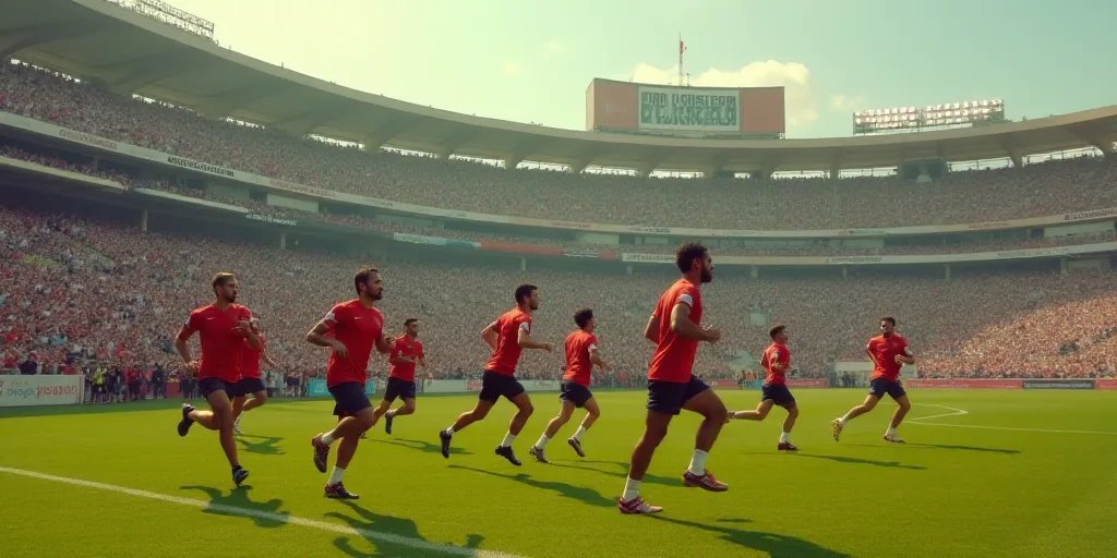 a group of men running across a field in front of a stadium sign that reads 100 metros valas, El Gre