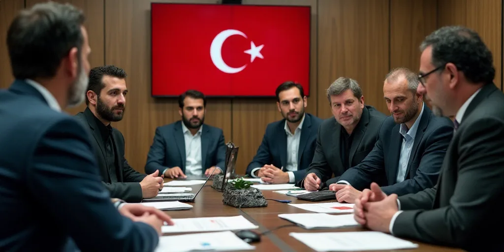 a group of men sitting around a table with papers and laptops in front of them and a flag behind the