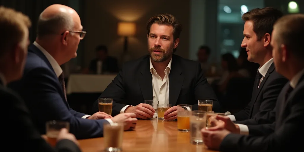 a group of men sitting at a table with drinks in front of them and one man in a suit, Dan Scott, fac