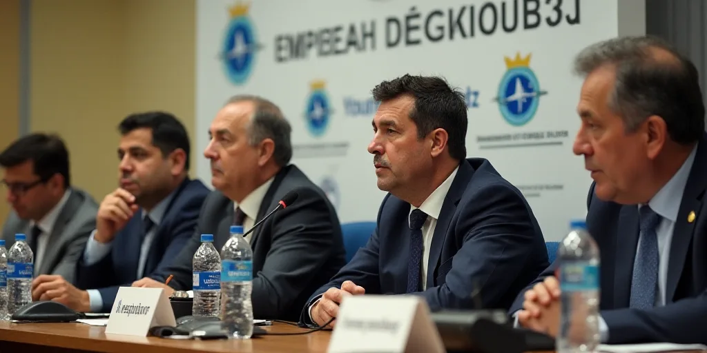 a group of men sitting at a table with water bottles and microphones in front of them and a sign beh