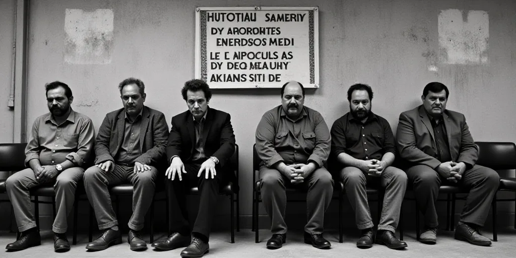 a group of men sitting next to each other on chairs in front of a wall with a sign behind them, Estu