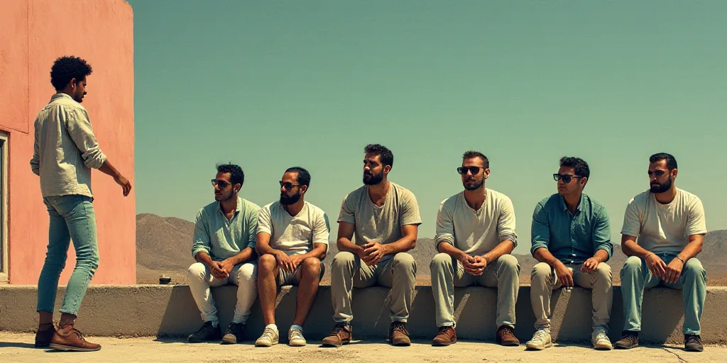 a group of men sitting next to each other in front of a building with their hands out and one man st