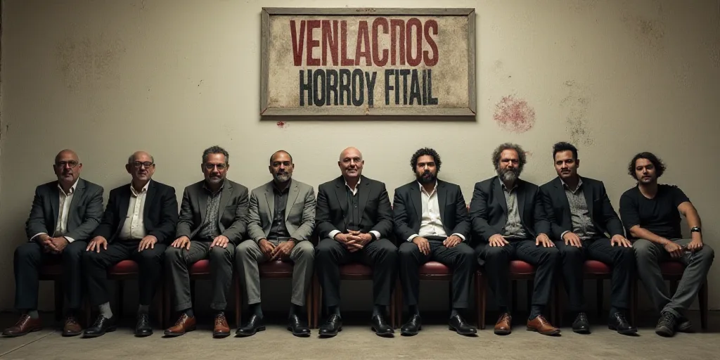 a group of men sitting next to each other on chairs in front of a wall with a sign behind them, Estu