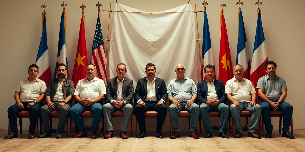 a group of men sitting on chairs in front of a wall with flags behind them and a banner behind them,