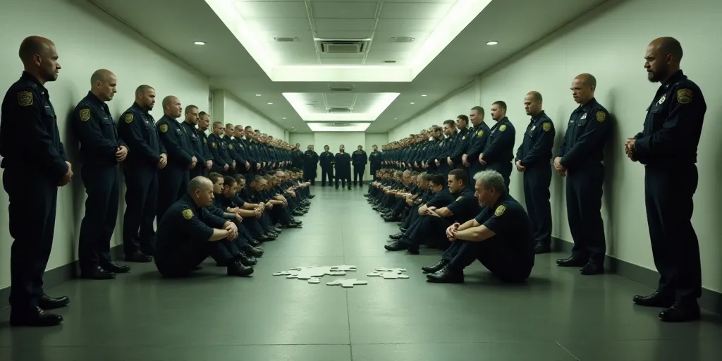 a group of men sitting on the floor in front of a group of police officers in a hallway with a group