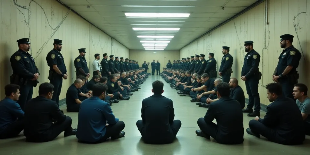 a group of men sitting on the floor in front of a group of police officers in a hallway with a group