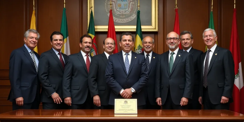 a group of men standing around a table with a plaque in front of them and flags behind them and a si