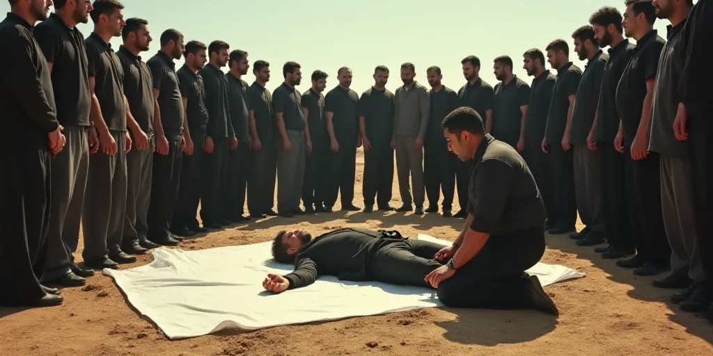 a group of men standing around a man on the ground with a white sheet on the ground and a man in a b