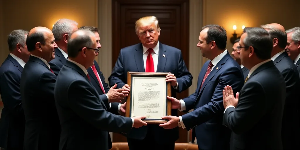 a group of men standing around each other holding a framed document with president donald trump in t