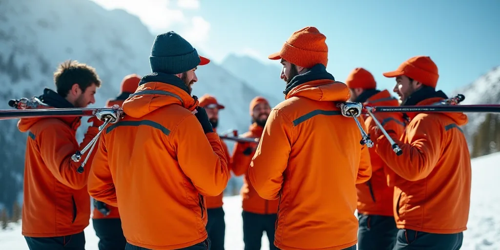 a group of men standing around each other in orange shirts and orange hats with skis on their should