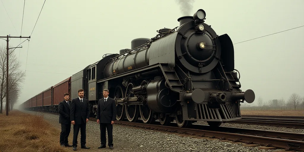 a group of men standing in front of a train on a track with a train on it's side, Dahlov Ipcar, oil,