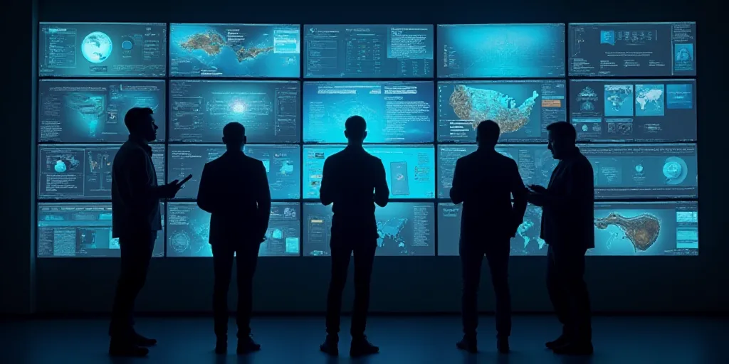 a group of men standing in front of a wall of monitors and screens with a man holding a tablet, Andr