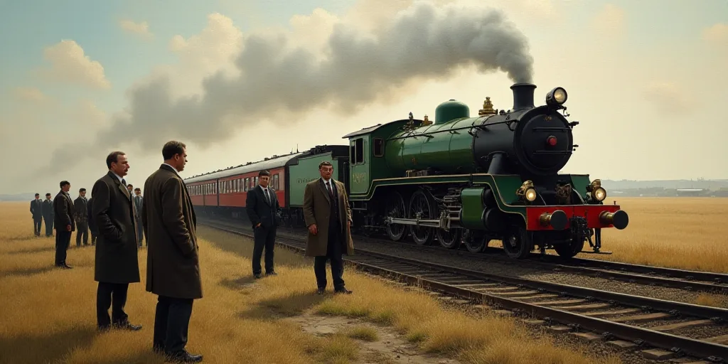 a group of men standing in front of a train on a track with a train car in the background, Dahlov Ip