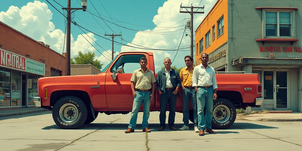 a group of men standing next to a truck on a street near a building with a sign that says neutral, C