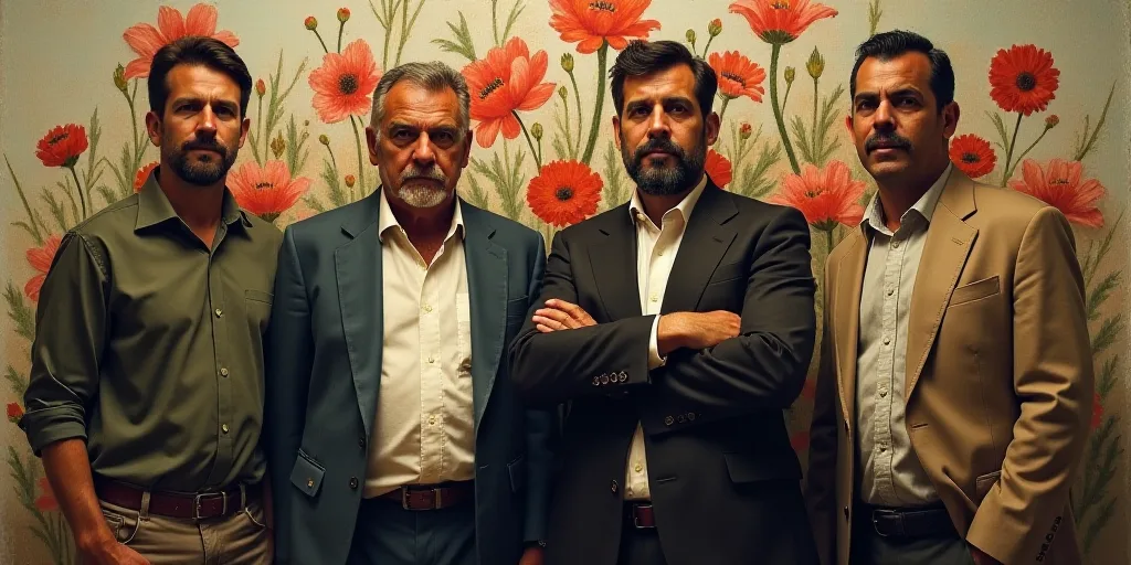 a group of men standing next to each other in front of a painting of flowers on a wall behind them,
