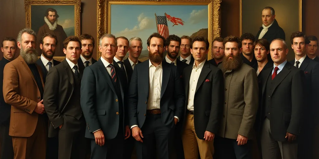 a group of men standing next to each other in front of a painting of flags and a painting of a man i