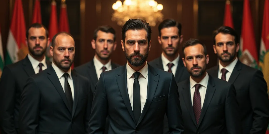 a group of men standing next to each other in front of flags and a chandelier in a room, Eduardo Lef