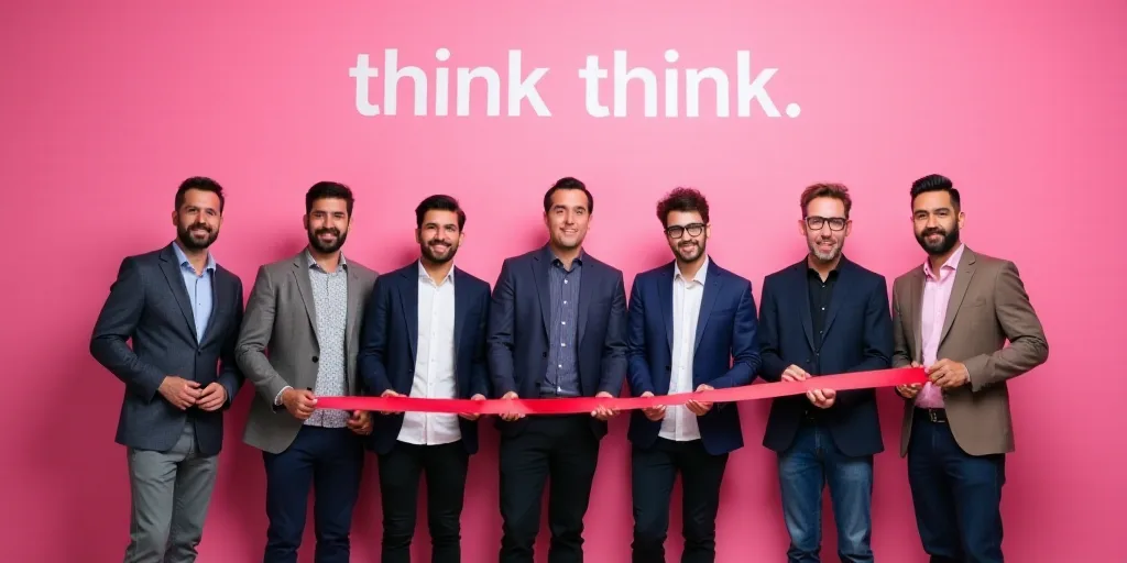 a group of men standing next to each other holding a ribbon in front of a pink background with the w