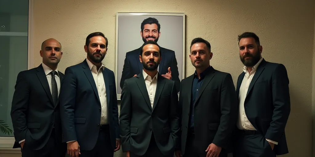 a group of men standing next to each other in front of a poster with a man in a suit, Ceferí Olivé