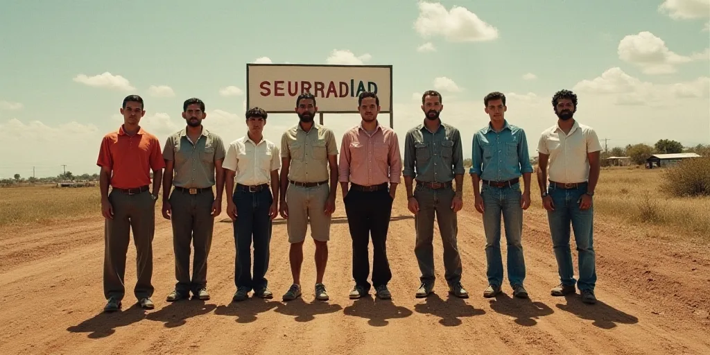 a group of men standing next to each other on a dirt field with a sign in the background that says s
