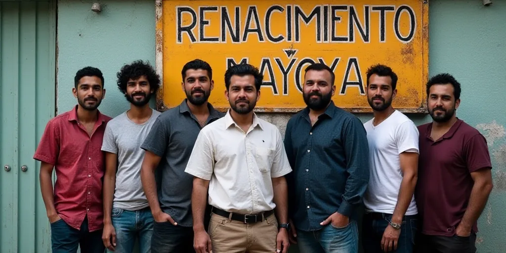 a group of men standing next to each other in front of a sign that says renacimiento mayoya, Diego V