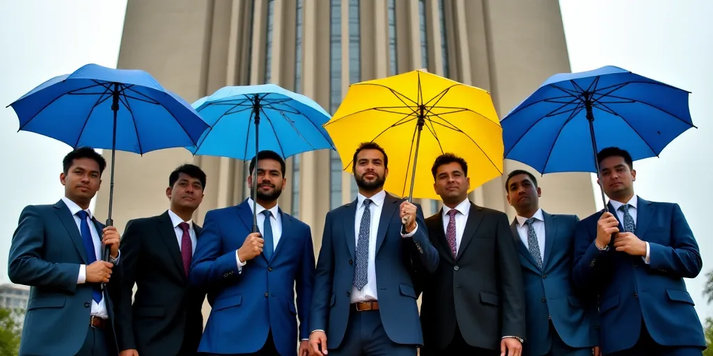a group of men standing next to each other holding a blue and yellow umbrellas in front of a tall bu