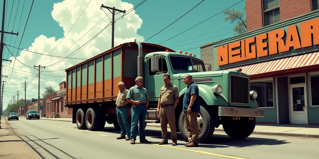 a group of men standing next to a truck on a street near a building with a sign that says neutral, C