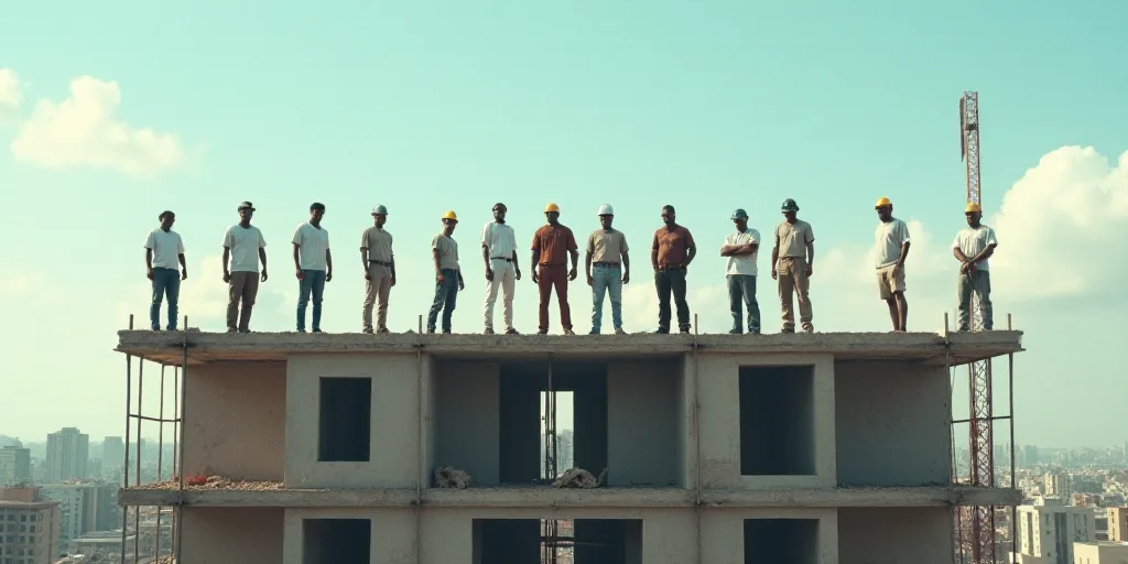 a group of men standing on top of a building under construction with a sky background and a few buil