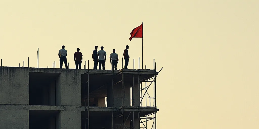 a group of men standing on top of a tall building under construction with scaffolding around them an