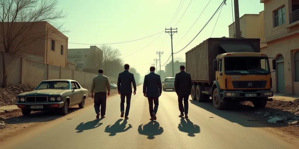 a group of men walking down a street next to a car and a truck with a burnt roof and a lot of trash,