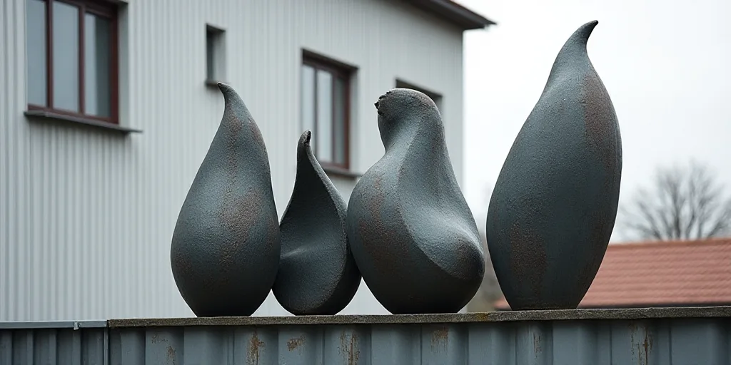 a group of metal sculptures sitting on top of a metal wall next to a building with a window on it, D