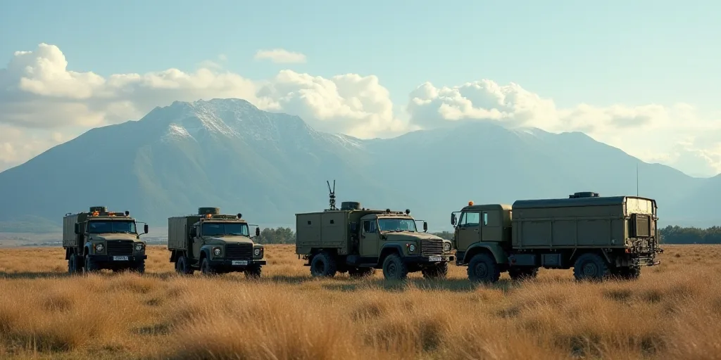 a group of military vehicles parked in a field with mountains in the background and a sky background
