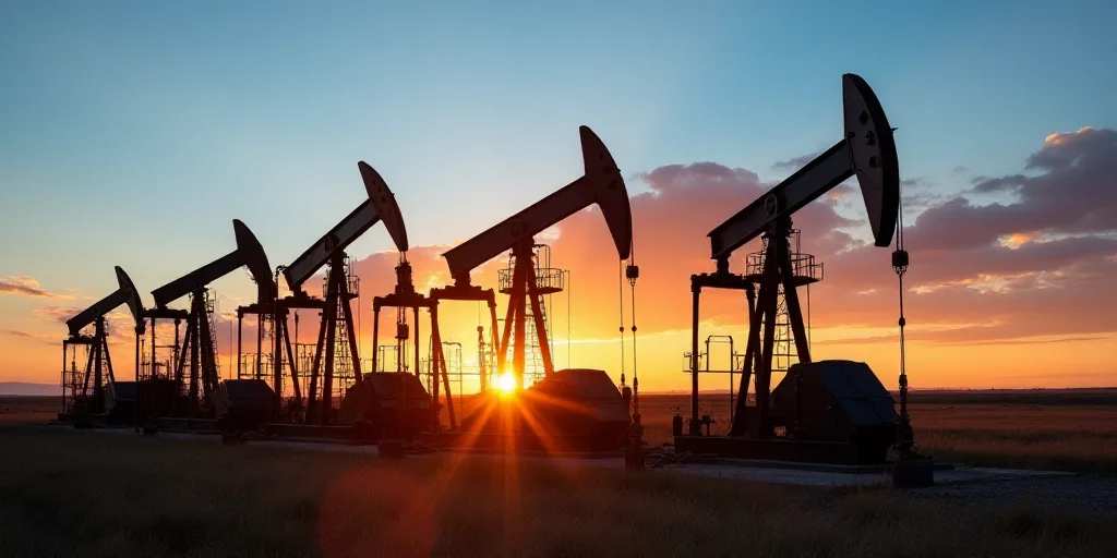 a group of oil pumps sitting next to each other on a field at sunset with a blue sky in the backgrou