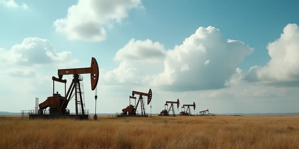 a group of oil pumps sitting on top of a field next to a sky filled with clouds and clouds, Andries