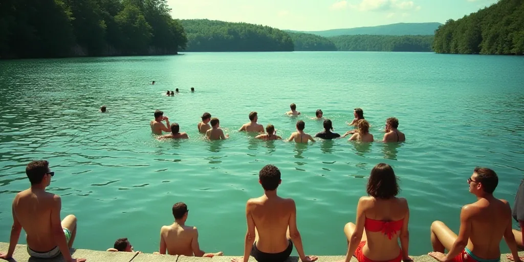 a group of people are swimming in a lake together, while others are sitting on the edge of the water
