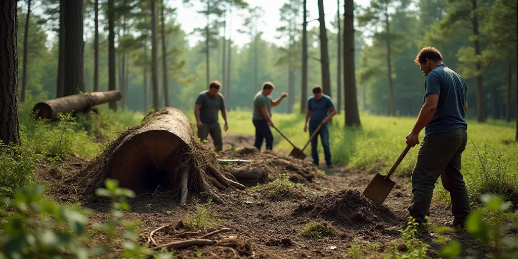a group of people are working in a field with trees and a log in the foreground, and a man is holdin