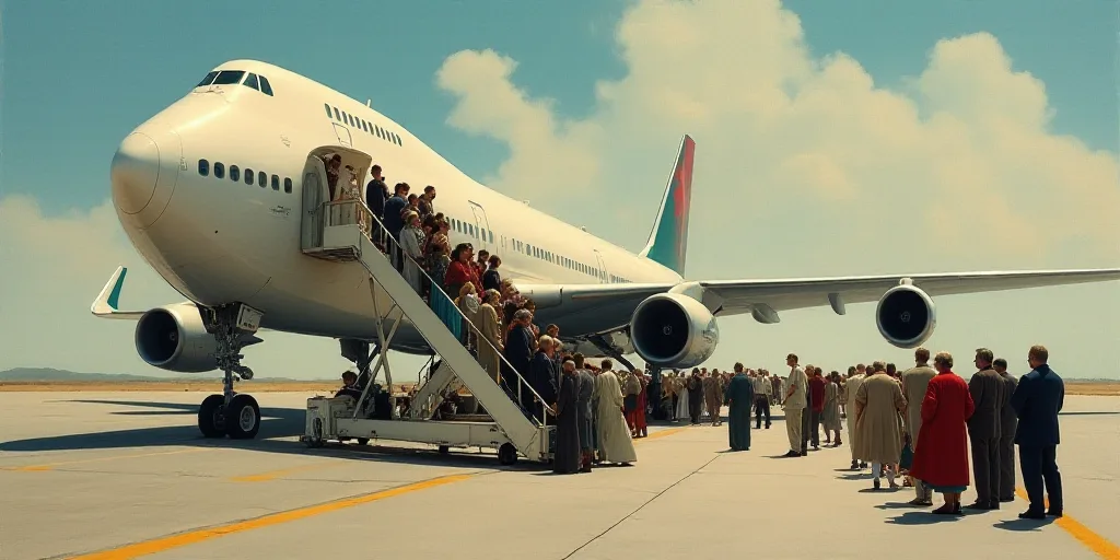 a group of people boarding a plane on a runway with stairs leading up to the plane and a crowd of pe