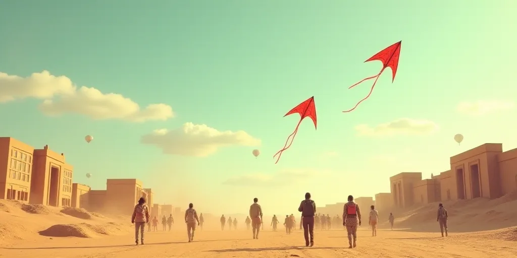 a group of people flying kites in the air over a desert area with buildings and a sky background, De