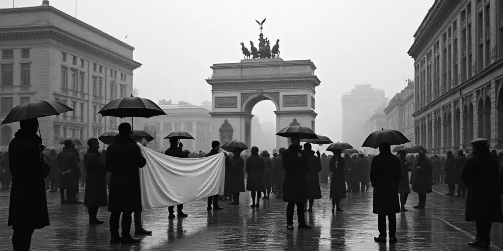 a group of people holding a banner and umbrellas in a city square with a building in the background,