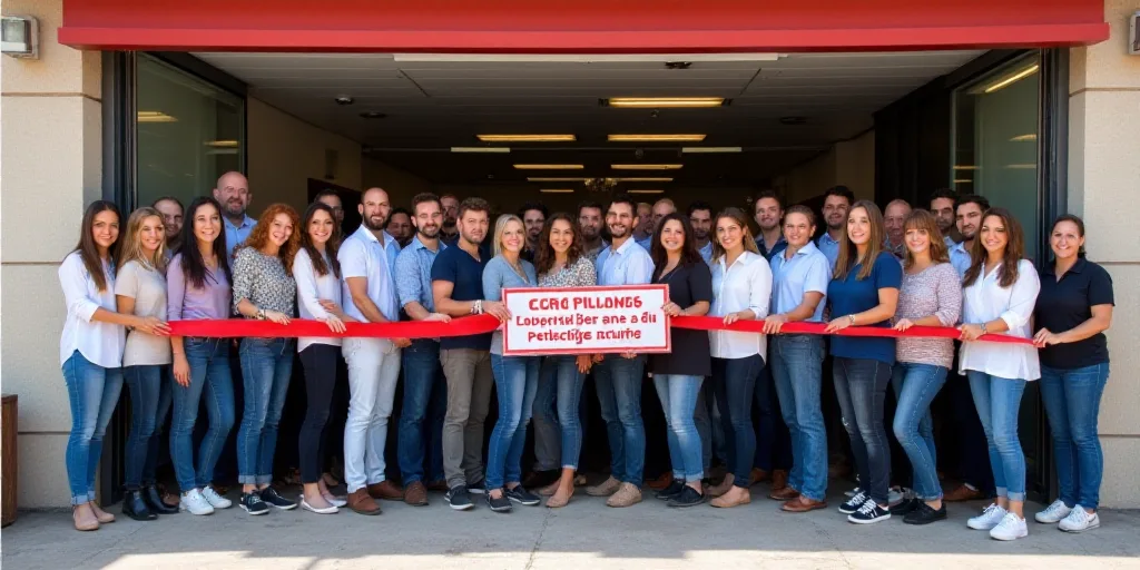 a group of people holding a ribbon in front of a store with a sign that says, interparsion del certi