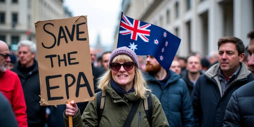 a group of people holding a sign that says save the epa on it and a flag that says save the epa, Ann