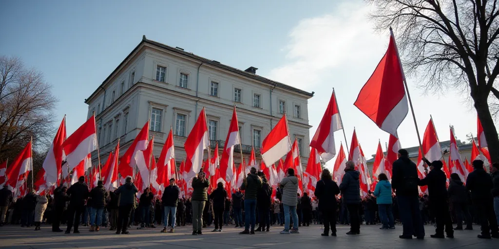 a group of people holding flags and signs in a street with a building in the background and a sky ba