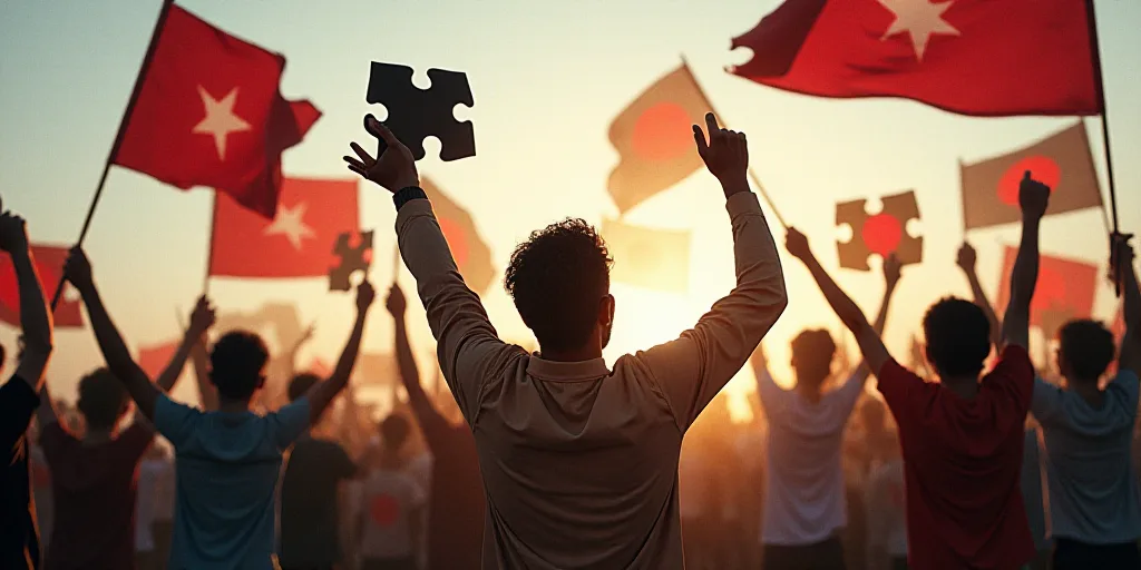 a group of people holding flags and signs in the air with a man holding a camera in the middle, Fath