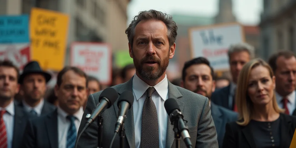 a group of people holding signs and microphones in front of them with a man speaking into a micropho